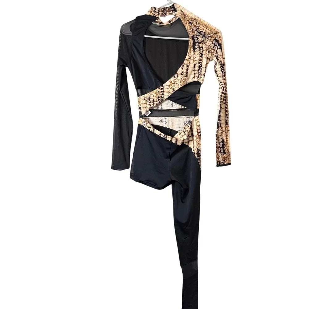 Weissman‎ Asymmetrical Dance Unitard Black Snakeskin Mesh Cutout Small Adult SA